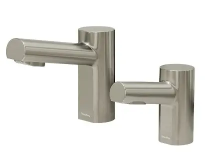 Verge line of Bradley sensor-operated faucets in sleek stainless steel finish, showcasing touch-free design for enhanced hygiene in restrooms.