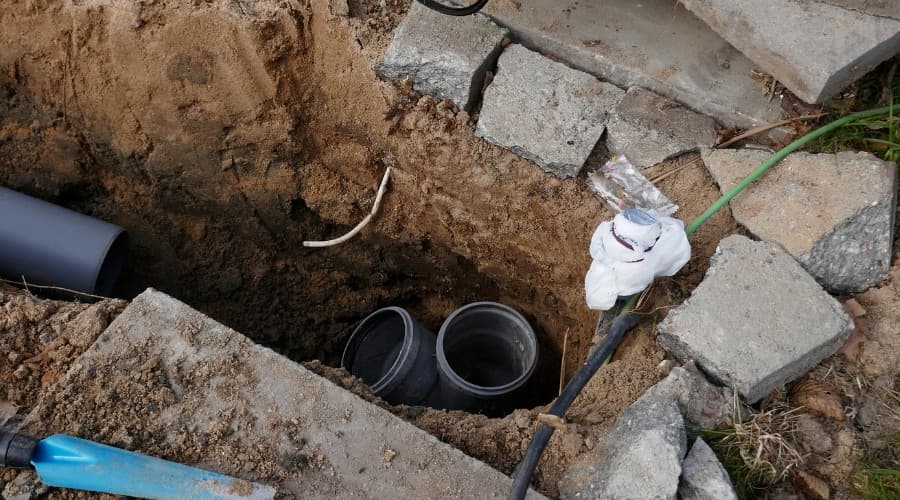 Excavated trench with visible underground pipes and tools, illustrating trenchless pipe repair methods relevant to plumbing services by The Bosworth Company.
