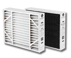 Air purification filters for the PureAir ™ system by Lennox, featuring a white pleated filter and a black activated carbon filter, emphasizing indoor air quality improvement.