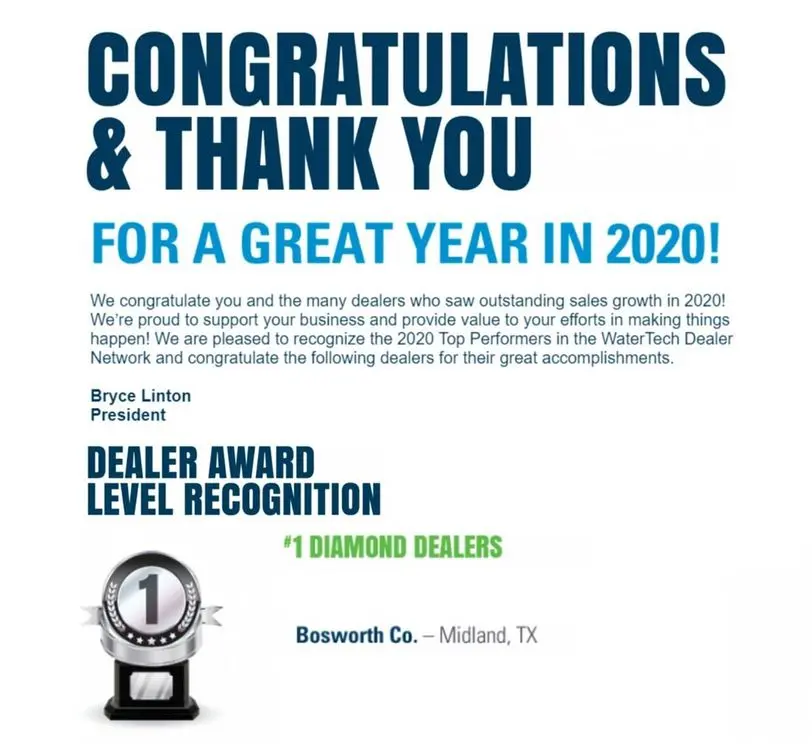 WaterTech Dealer Award Announcement 2020 Bosworth Midland