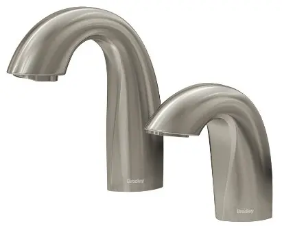 Verge sensor-operated faucets by Bradley, showcasing sleek, modern designs in brushed nickel finish, emphasizing touch-free hygiene for restroom facilities.