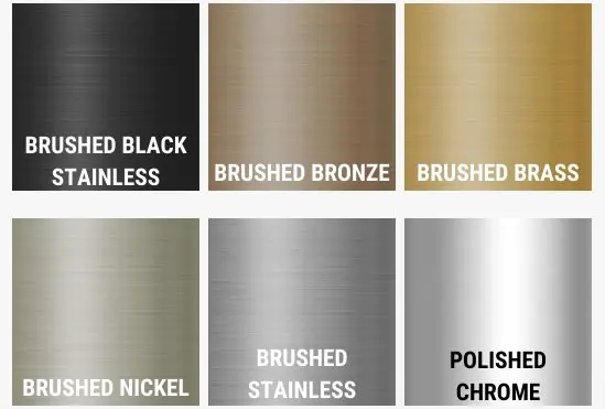 Brushed metal finishes including brushed black stainless, brushed bronze, brushed brass, brushed nickel, brushed stainless, and polished chrome options for sensor-operated faucets and soap dispensers.