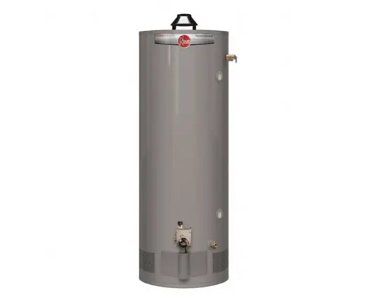 Rheem tank water heater with a cylindrical design, featuring a top handle and multiple connections for efficient hot water supply, ideal for residential use.