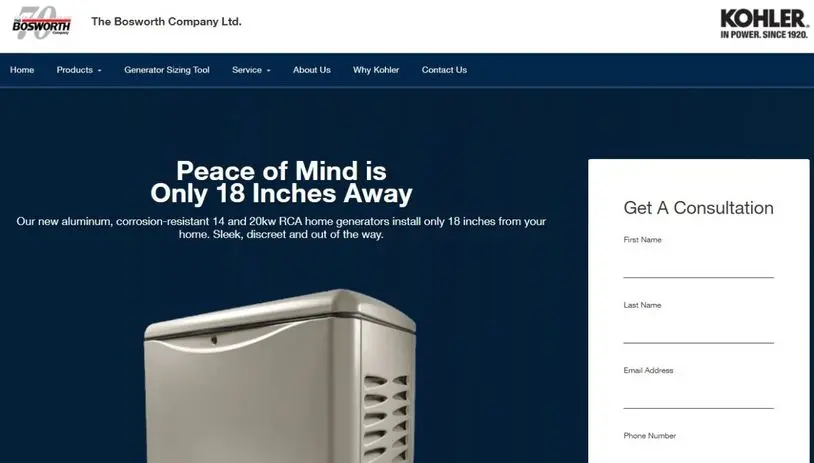 Kohler home generator, aluminum and corrosion-resistant, designed for residential installation, emphasizing reliability and compactness, showcased by The Bosworth Company.