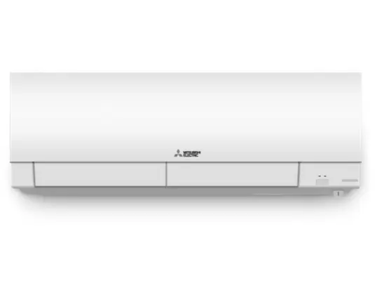 Wall-mounted Mitsubishi Electric HVAC unit, showcasing sleek white design, ideal for energy-efficient heating and cooling solutions.