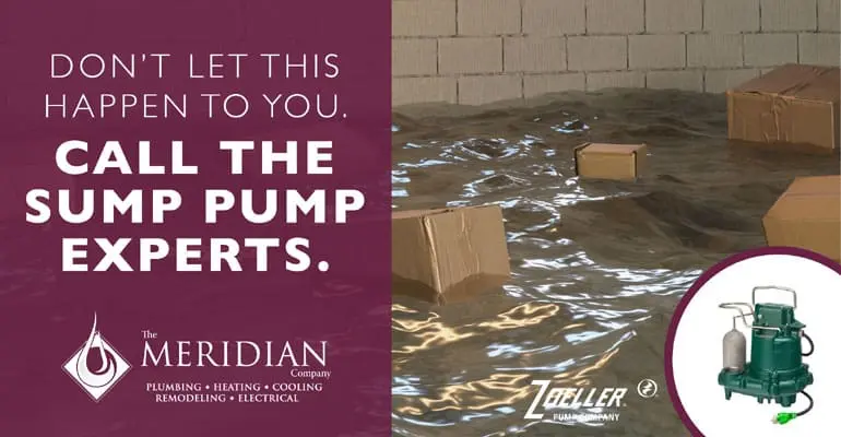 Sump pump advertisement featuring flooded area with cardboard boxes, highlighting The Meridian Company's expertise in sump pump services and urging customers to call for assistance.
