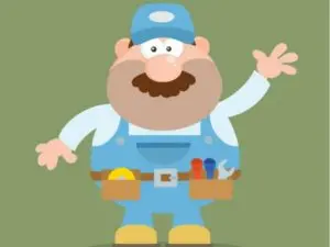 Cartoon handyman character in blue overalls and cap, waving, with tools in pockets, representing home service solutions by The Meridian Company.