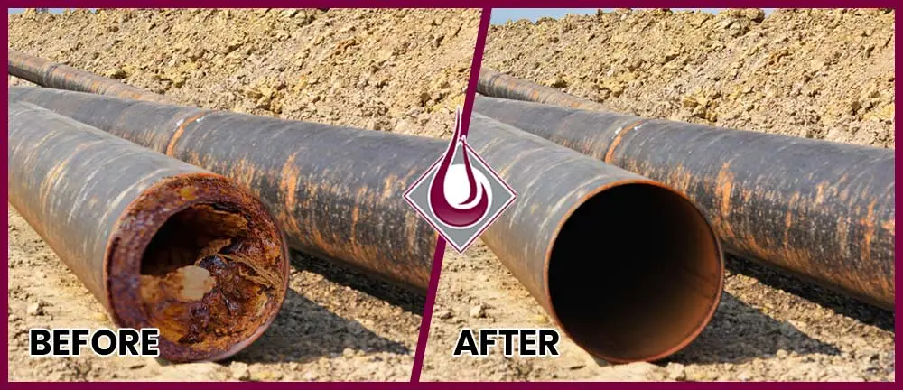 Before and after images of pipes showing significant cleaning results from hydrojetting, highlighting effectiveness in removing clogs and buildup, with The Meridian Company's logo featured.