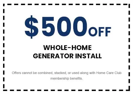 $500 off whole-home generator installation coupon from The Meridian Company, highlighting cost-saving opportunities for home service projects.