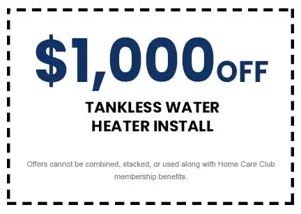$1,000 off tankless water heater installation coupon from The Meridian Company, with terms stating offers cannot be combined or stacked.