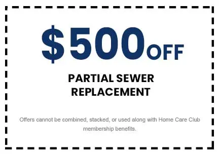 $500 off partial sewer replacement coupon from The Meridian Company, highlighting cost-saving opportunities for home service projects.