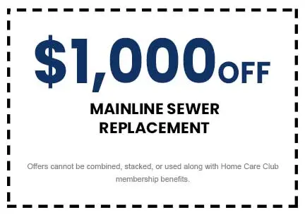 $1,000 off mainline sewer replacement coupon from The Meridian Company, with terms stating offers cannot be combined or used with Home Care Club benefits.