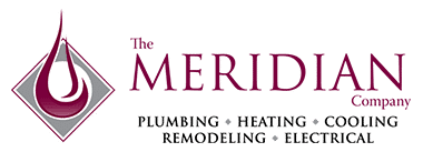The Meridian Company logo featuring a water droplet, emphasizing plumbing, heating, cooling, remodeling, and electrical services.