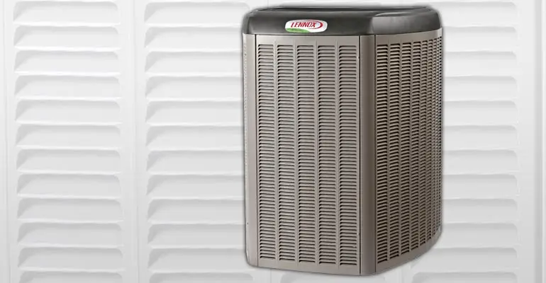 Lennox heating unit against a backdrop of air vent slats, representing efficient heating solutions for homes in Lansing and East Lansing, Michigan.