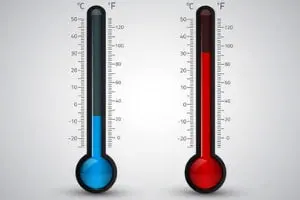 Thermometers displaying low blue temperature on the left and high red temperature on the right, representing heating and cooling concepts relevant to HVAC services.