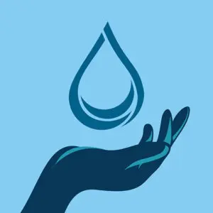 Hand holding a water droplet, symbolizing water conservation and home maintenance tips by The Meridian Company.