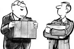 Two cartoon characters in business attire, one smiling and holding a briefcase, while the other stands with arms crossed, both representing a humorous take on professional interactions, relevant to plumbing service discussions.