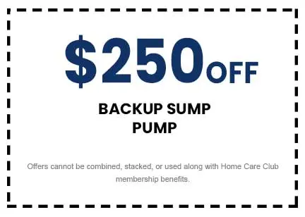 $250 off backup sump pump coupon from The Meridian Company, highlighting cost-saving opportunity for home service projects.