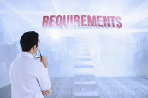 Man contemplating plumbing requirements with the word "REQUIREMENTS" prominently displayed in a modern, abstract setting.