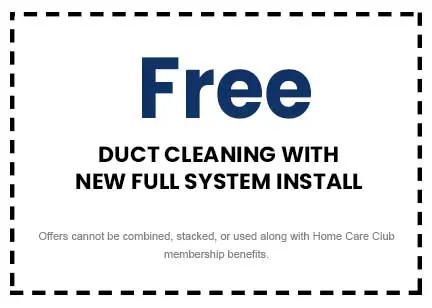 Free duct cleaning offer with new full system installation from The Meridian Company, detailing terms and conditions for home service discounts.
