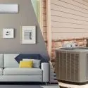 Living room with a cozy sofa, light colors, and outdoor air conditioning unit from The Meridian Company for efficiency.