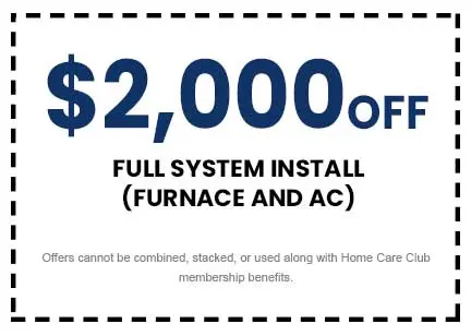 $2,000 off full system installation for furnace and AC, promotional coupon from The Meridian Company, terms of use included.