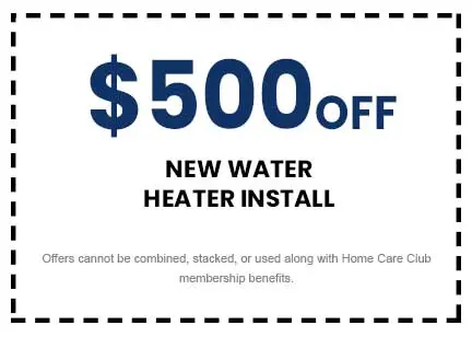 $500 off new water heater installation coupon from The Meridian Company, with terms stating offers cannot be combined or stacked.