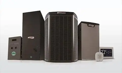 HVAC equipment lineup including air conditioning unit, heating system, and smart thermostat, representing The Meridian Company's cooling and heating services.
