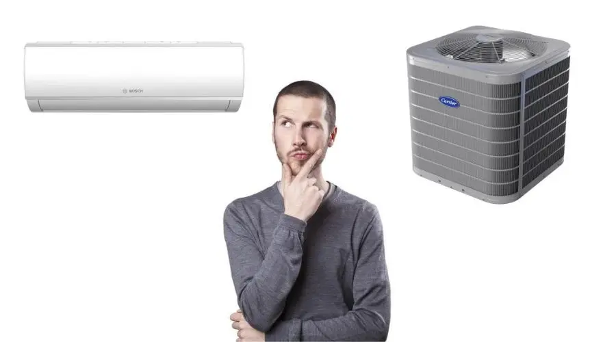 Person in gray sweater contemplating HVAC options next to Bosch wall-mounted and Carrier outdoor air conditioning units.
