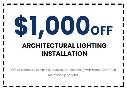 $1,000 off architectural lighting installation coupon from The Meridian Company, highlighting home service discounts.