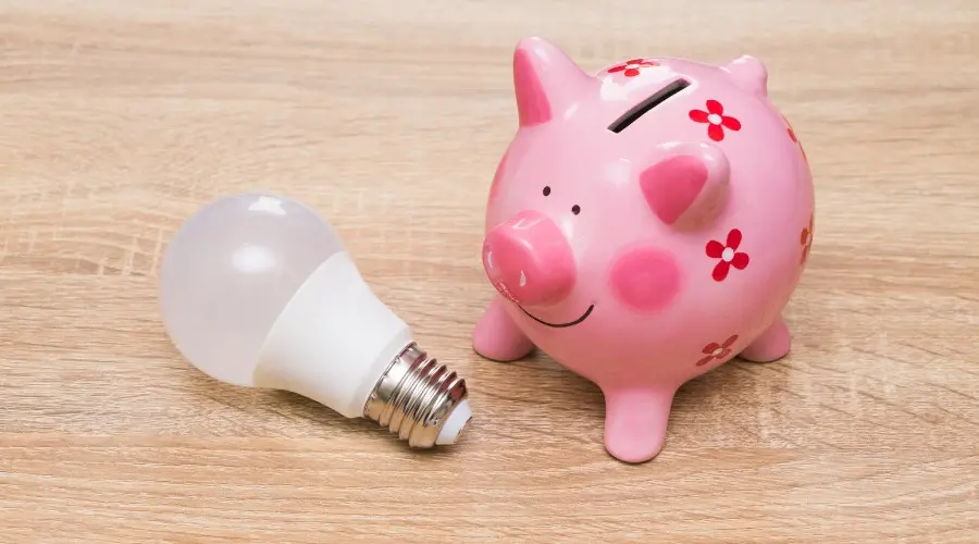 Piggy bank next to an LED light bulb, symbolizing energy savings and cost efficiency in lighting upgrades.