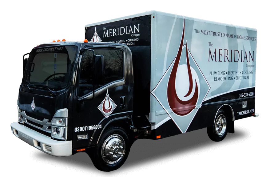 Meridian Company service truck featuring plumbing, heating, cooling, remodeling, and electrical services, emphasizing home comfort solutions in Lansing and East Lansing.