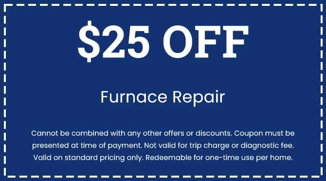 $25 off coupon for furnace repair, featuring terms and conditions for use, promoting City Plumbing's HVAC services.
