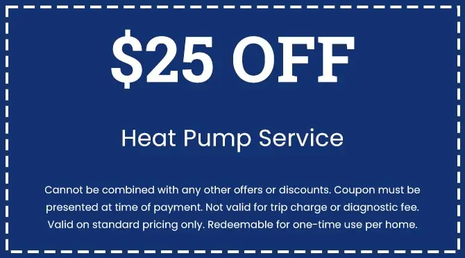$25 off coupon for heat pump service from City Plumbing, highlighting terms and conditions for redemption.