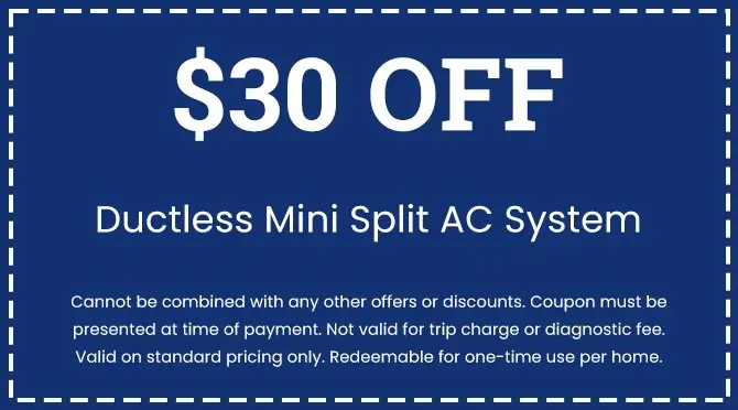 $30 off coupon for Ductless Mini Split AC System, highlighting cost-saving offer from City Plumbing, with terms and conditions for redemption.