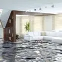 Flooded modern living room with white furniture and plants, indicating urgent plumbing issues from City Plumbing.