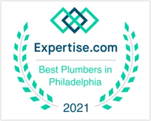 City Plumbing award badge from Expertise.com, recognizing them as one of the Best Plumbers in Philadelphia for 2021, featuring a decorative laurel and geometric logo.