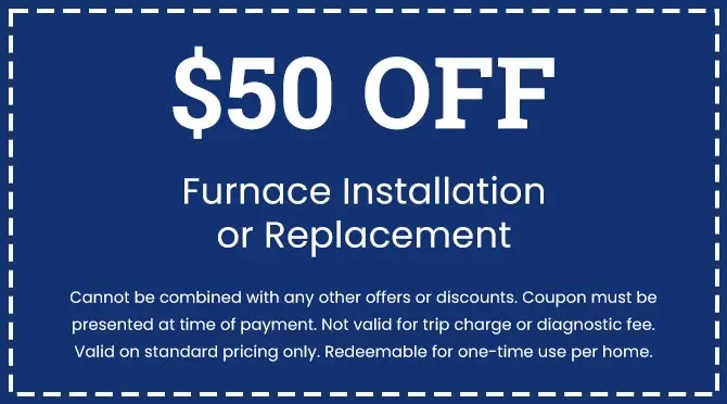 $50 off coupon for furnace installation or replacement, offering savings on HVAC services from City Plumbing, with terms and conditions noted.