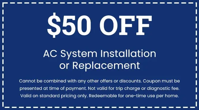 $50 off coupon for AC system installation or replacement from City Plumbing, featuring terms and conditions for use.