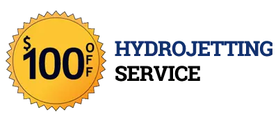 $100 off hydrojetting service promotion from City Plumbing, emphasizing plumbing maintenance and backflow prevention.