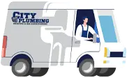 City Plumbing service van with technician driving, showcasing plumbing and HVAC services in South Jersey.