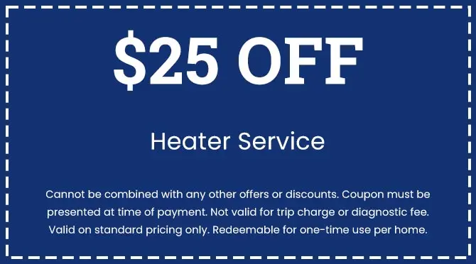 $25 off coupon for heater service, featuring terms and conditions for City Plumbing's HVAC discounts.