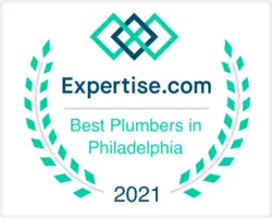 City Plumbing award badge from Expertise.com, recognizing them as one of the Best Plumbers in Philadelphia for 2021, featuring a decorative laurel and geometric logo.