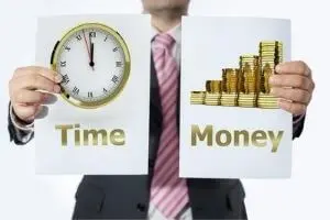 Plumber holding signs labeled "Time" with a clock and "Money" with stacked coins, illustrating the importance of timely leak detection and repair to prevent costly water damage.