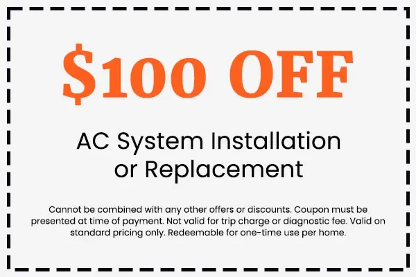 $100 off coupon for AC system installation or replacement, highlighting savings on HVAC services from Crowe's Comfort Solutions.