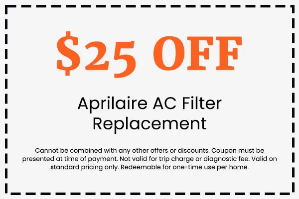 $25 off coupon for Aprilaire AC filter replacement, emphasizing savings on HVAC services from Crowe's Comfort Solutions.