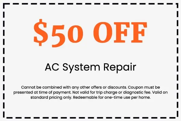 $50 off coupon for AC system repair with terms and conditions, promoting savings on HVAC services at Crowe's Comfort Solutions.
