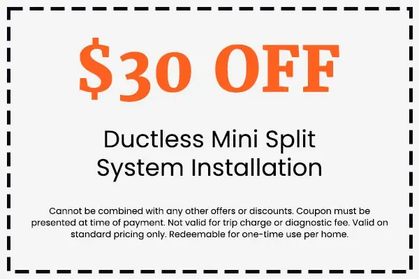 $30 off ductless mini split system installation coupon from Crowe's Comfort Solutions, highlighting HVAC service savings and promotional details.