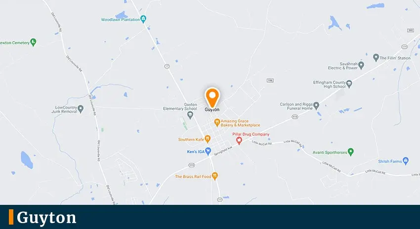 Map of Guyton, GA, highlighting local landmarks and businesses, relevant for Crowe's Comfort Solutions HVAC services in the area.