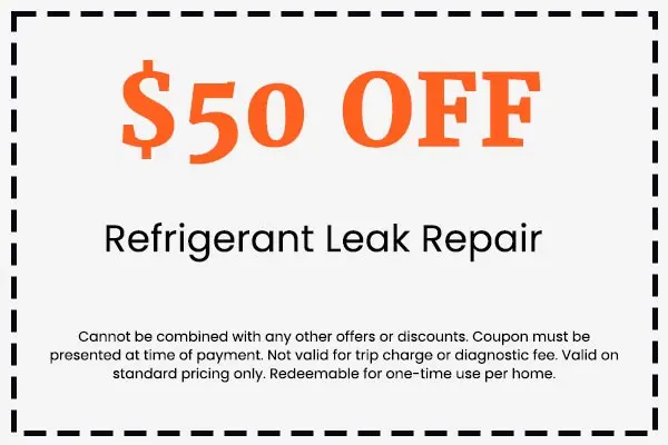 $50 off coupon for refrigerant leak repair, highlighting savings for HVAC services at Crowe's Comfort Solutions.